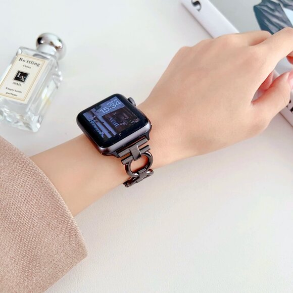 Apple Watch Band Adjustable Stylish Circle Silver Stainless Chain Band - Black - Picture 2 of 5